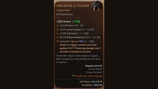 Diablo 4 Andariel's Visage stat screen showing its power and unique status