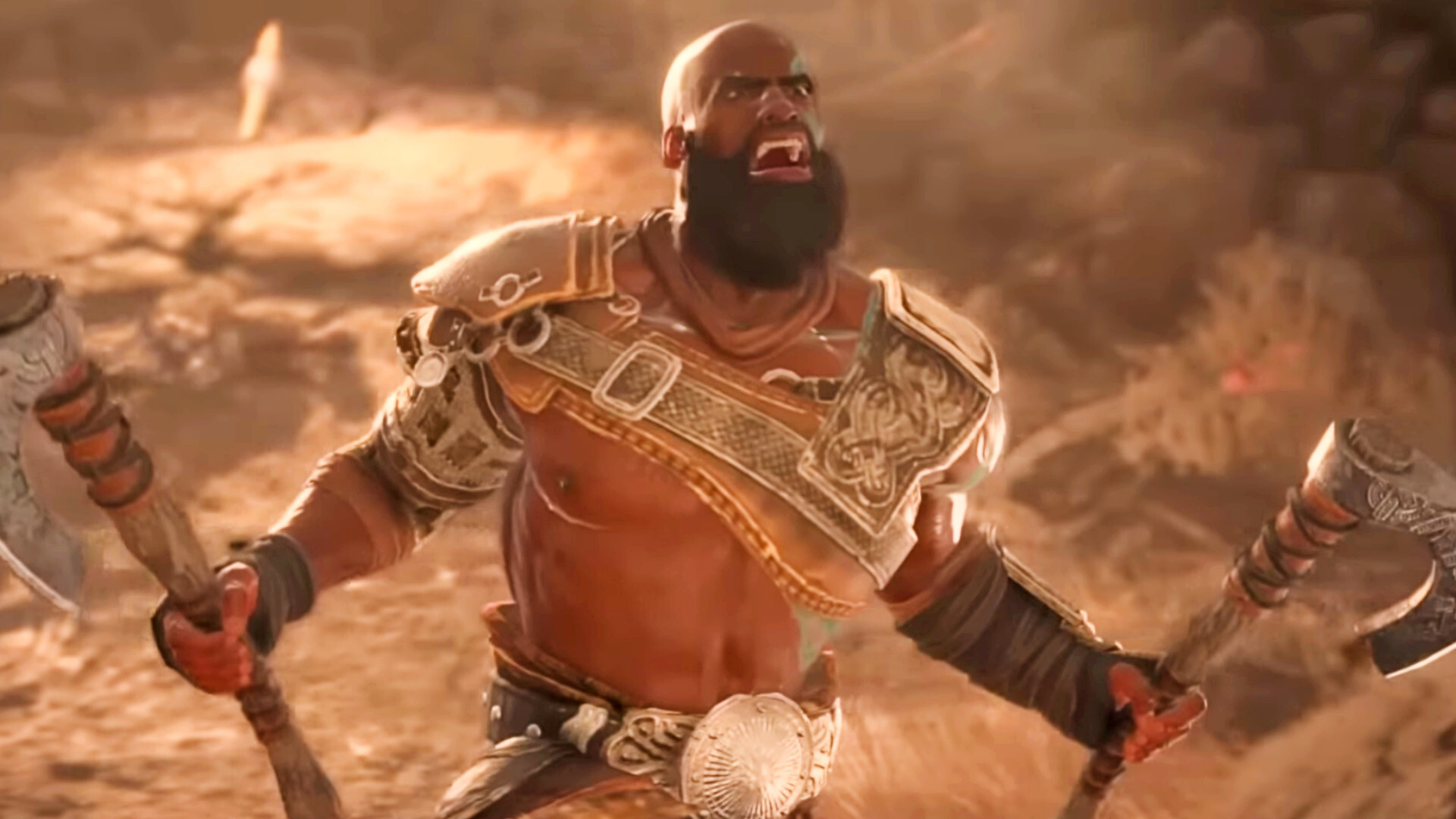 A bearded Diablo 4 barbarian wearing a large round metal belt screams
