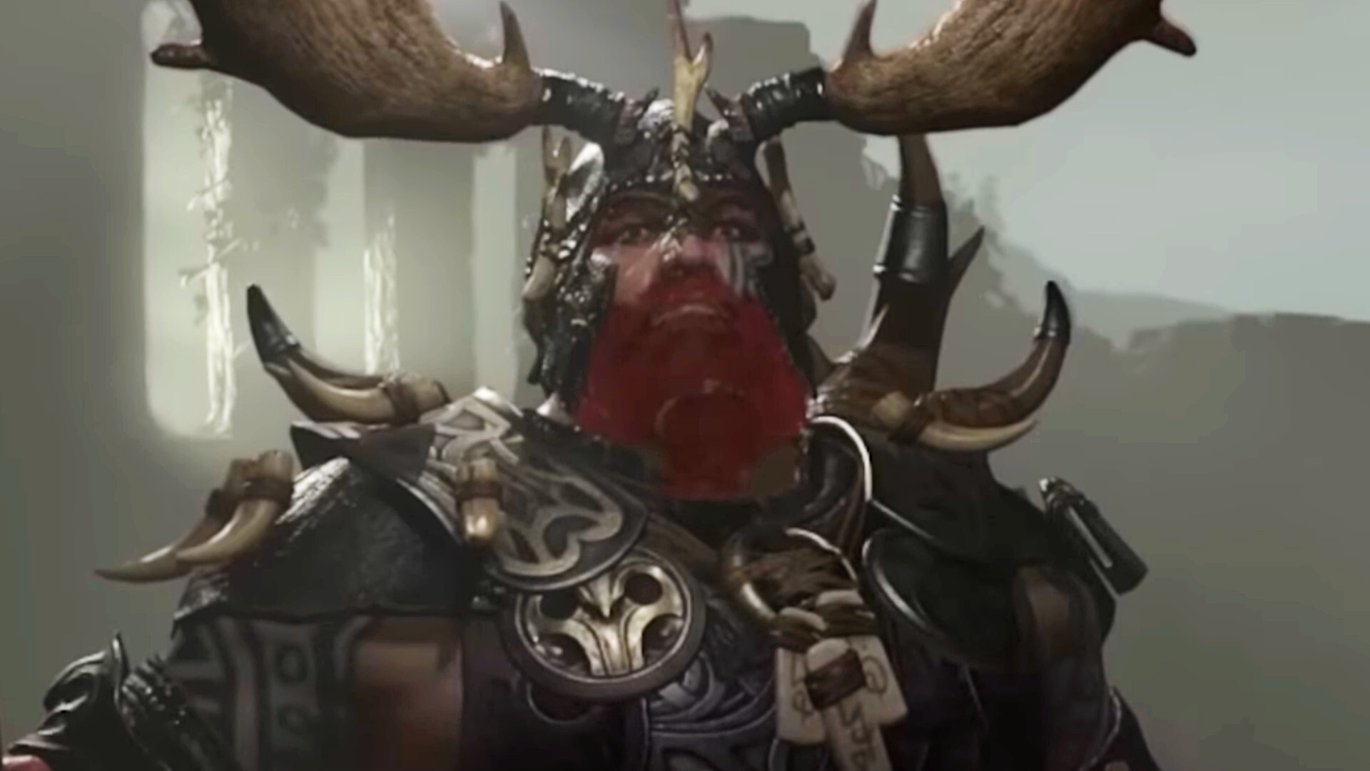 A red-bearded Diablo 4 druid wearing large horns on his helm stares toward the camera