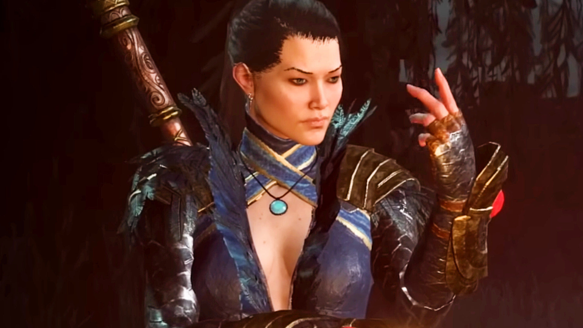 A female Diablo 4 sorcerer wearing an open blue outfit with a high collar looks at her left hand