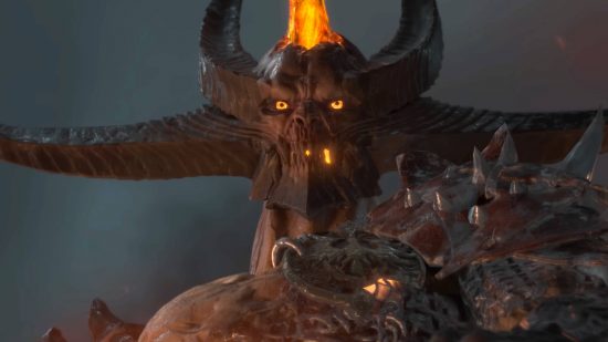 The imposing figure of Diablo 4 Astaroth, who has several horns, a spiked armor plated shoulder guard, and a big amber jewel sticking out of his head.