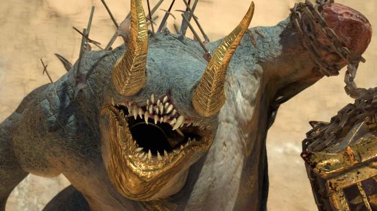 The Diablo 4 Avarice, the Gold Cursed world boss, a horned demon with rows of jagged, sharp teeth and no eyes, spears and other weapons stuck into its blubbery blue flesh.