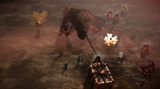 The Diablo 4 Avarice, the Gold Cursed world boss swings the gold chest tied to its stump at a group of players struggling to beat him, the battlefield filled with exploding mines.