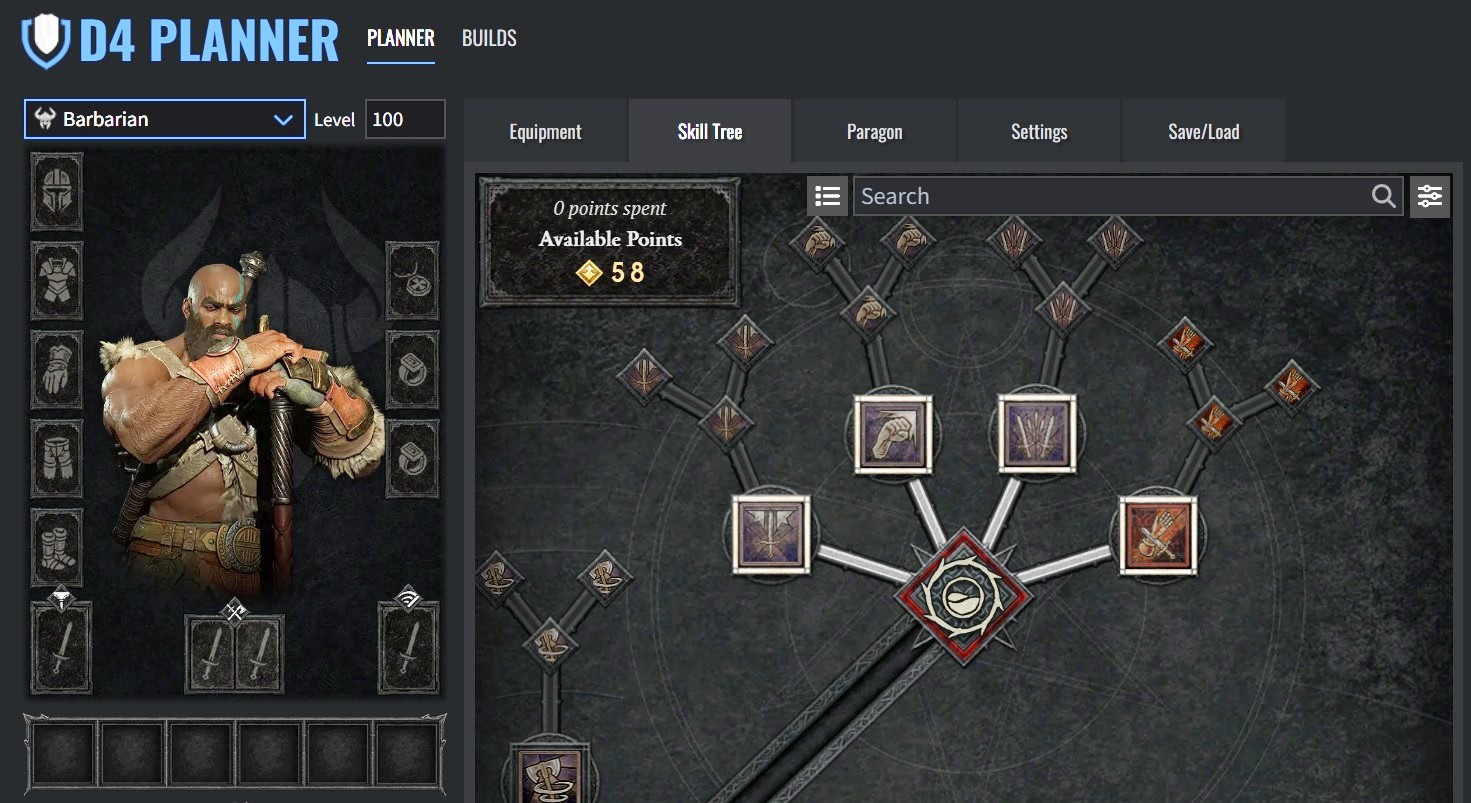Diablo 4 build planner: A build planner for Blizzard RPG game Diablo 4 showing the skill tree for the Barbarian character
