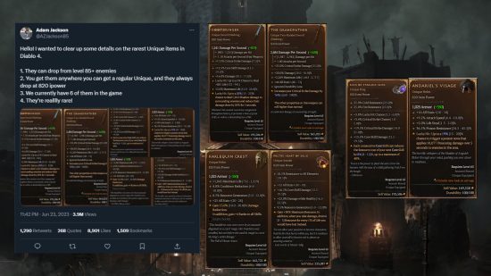An image of all of the Diablo 4 unique items and a Twitter comment from Adam Z Jackson discussing this