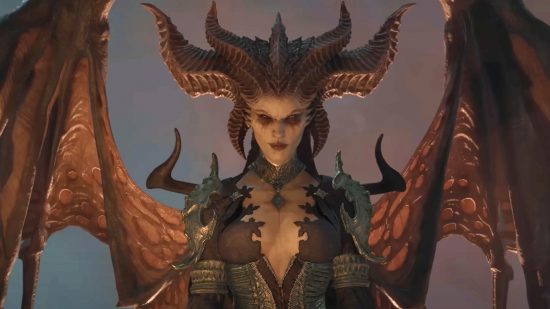 A horned demonic woman with huge batlike wings glares into the camera
