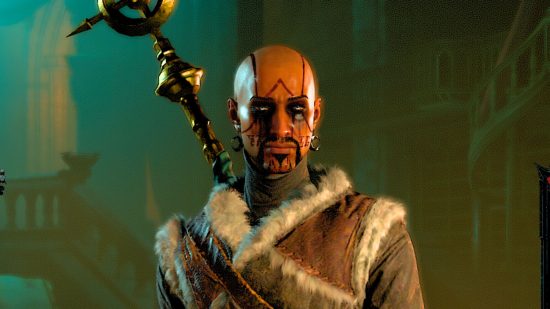 The Diablo 4 best classes include the Sorcerer with dark eyes, a fur gilet, and a staff sheathed behind his back.