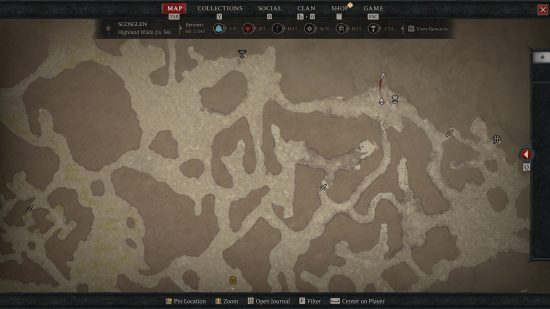 Diablo 4 crushed beast bones - a map of Scosglen showing the location of Gaspar Stilbian, an elite enemy that reliably drops the resource..