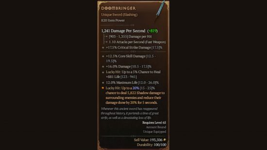 Diablo 4 doombringer stats page
