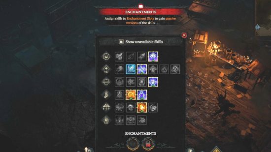 Daftar Keterampilan Sorcerer, menunjukkan dua slot pesona Diablo 4, dan ikon dari setiap keterampilan yang tersedia