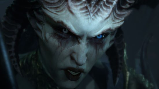 Diablo 4 error code 300008: Lilith, the main antagonist of Diablo 4, glares at the viewer, her blue eyes gleaming in the dark.