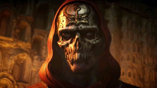 Diablo 4 error code 396022: A monk stands in a crypt lit by torches, cloaked in a hooded red robe and face concealed by an ornate mask in the shape of a human skull.