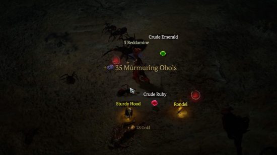 Diablo 4 farming: 35 Murmuring Obols on the ground after opening a chest that was the reward for completing a world event. Other items lie on the ground too, like gems and armor.