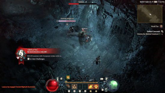 A werebear relies upon the Diablo 4 Fortify status effect to remain at full health while engaging a group of elite skeletons in the Spiral Crypts.