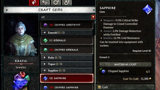 The Sapphire gems available to craft at Kratia the Jeweler that can increase your Diablo 4 Fortify damage reduction stat percentage when socketed into armor.