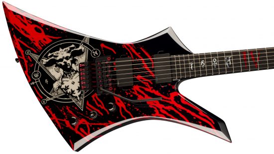 Diablo 4 guitar - a custom Jackson Kelly with Lilith engram and blood splatter hand-painted onto the body.