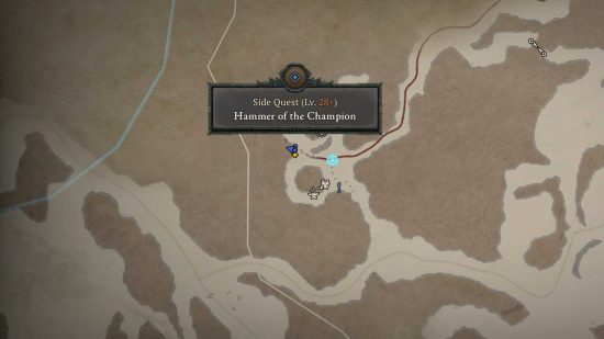 The Diablo 4 hammer of the champion quest is marked on a map.