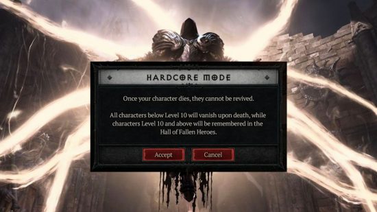The tooltip describing the Diablo 4 Hardcore mode, which you must agree to before starting your character on this game mode.
