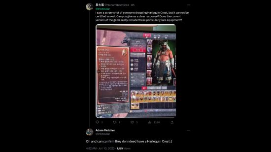 Diablo 4 Harlequin Crest - Tweet showing a Korean screenshot of a Druid wearing the unique item, reading: "I saw a screenshot of someone dropping Harlequin Crest, but it cannot be certified as real. Can you give us a clear response? Does the current version of the game really include these particularly rare equipment?" Blizzard's Adam Fletcher responds: "Yes they drop in-game. Oh and can confirm they do indeed have a Harlequin Crest :)"