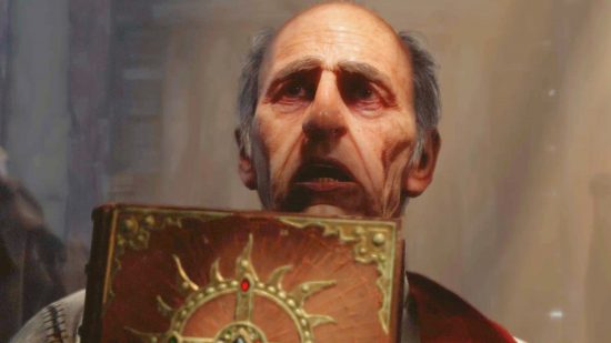 Diablo 4 holy cedar tablets: A priest holds a bible in front of his as he looks at something out of frame, pure terror in his face.