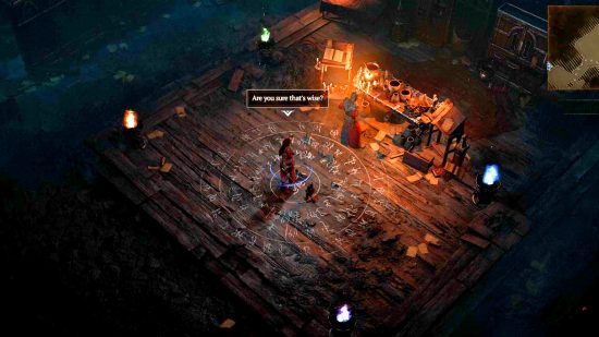 To unlock Diablo 4 sorcerer enchantments, you must complete the Legacy of the Magi quest, part of which is shown in the image, as the player character asks Mordarin is what he's about to do is wise.