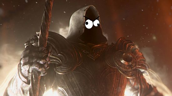 Diablo 4 lag: artwork of Inarius with angry googly eyes.