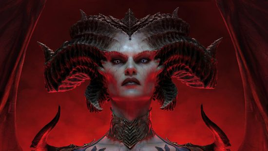 Artwork of Diablo 4's horned demon Lilith with a red background.