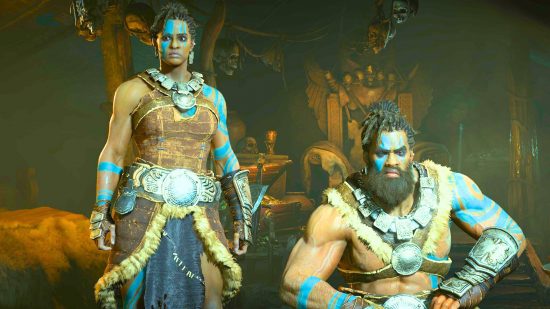Diablo 4 levelling guide: Two barbarians stand side by side adorned in blue paint and shining metalwork.