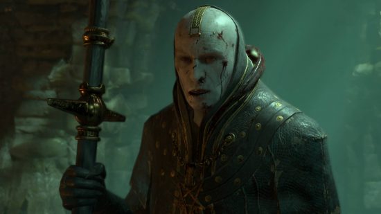 Diablo 4 lose characters seasonal - a wounded white bald Necromancer with a sword.