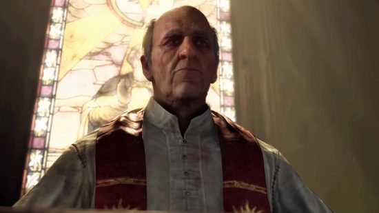 Diablo 4 maintenance: a priest gives a sermon standing in front of a stained glass window.