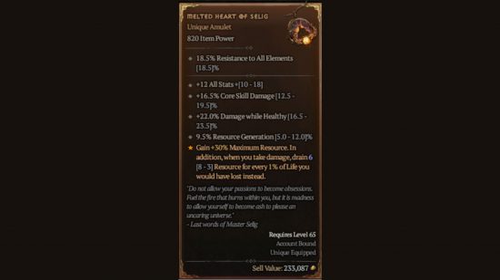 Diablo 4 melted heart of selig stats page