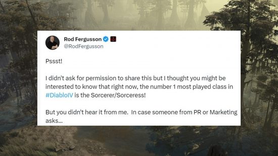 A screenshot of a tweet from Diablo GM Rod Fergusson discussing Sorceress being the most played class in Diablo 4