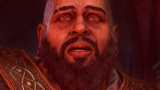 Diablo 4's most powerful sword found - Donan, a bearded man, looks up in a mix of wonder and terror, bathed in red light.