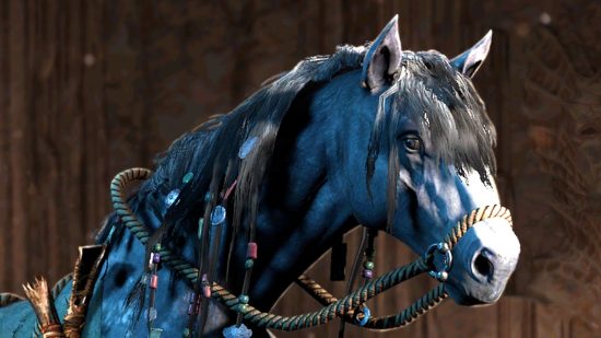 A Diablo 4 mount known as Liath Icehowl available in the battle pass, depicted as a white horse with a thick rope bridle, with beads and coins woven into its black mane.