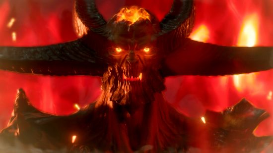 Diablo 4 nightmare dungeons - a horned demon with fiery red eyes.