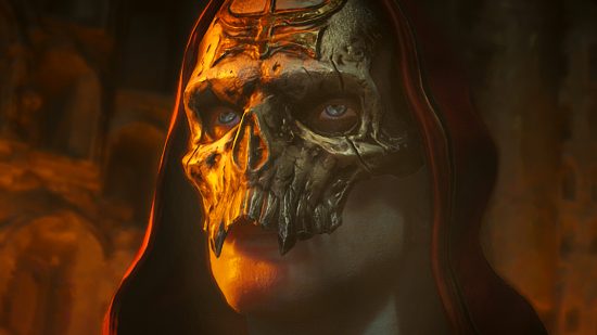 Diablo 4 Obol gambling - a figure in a red hood and golden skull mask.