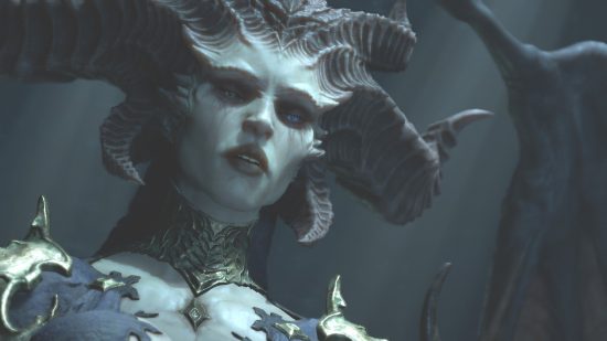 A grey-skinned, horned woman stares at another person in Diablo 4.