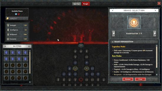 The Diablo 4 paragon board shows several unlockable nodes that grant the player bonuses. One of them is selected, which shows a Necromancer Glyph.