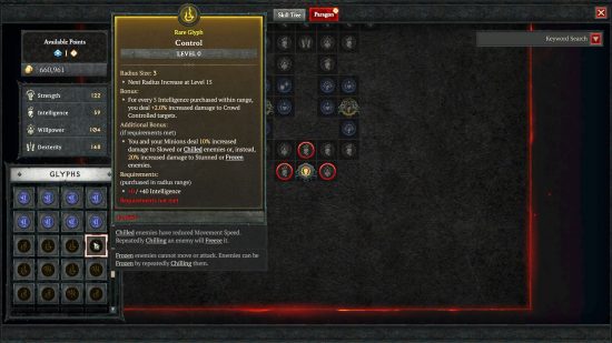 The Diablo 4 Paragon board showing the rare Glyph Control Level 0, complete with its stats.