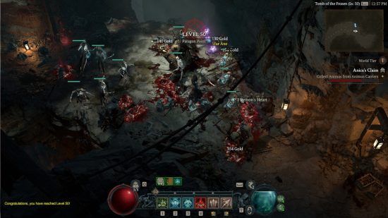 The player slaying enemies in a dungeon has just hit level 50 and unlocked Diablo 4 Paragon boards.