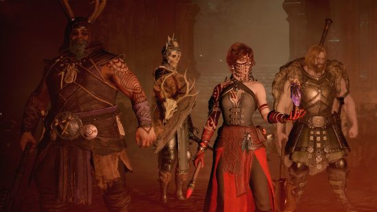 Diablo 4 party scaling: A party of four players stand together in the lobby.