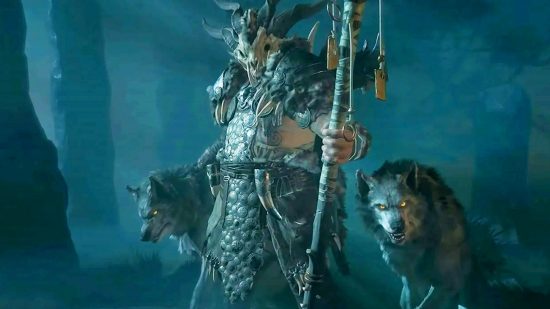 Of all Diablo 4's features, one was the most requested: A heavy-set man wearing bone armor holds a gnarled staff as wolves surround him in a dark forest