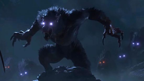 Diablo 4 pets: A werewolf stands on a rock, arms outstretched and eyes shining in the murky gloom, its pack lurking in the shadows behind it.