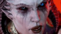 Diablo 4 Prime Gaming rewards - Lilith, a pale demon with one shimmering blue eye and one grey one.