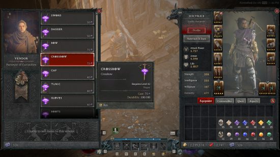 Diablo 4 - a player at the Purveyor of Curiosities, a vendor that lets you gamble for random gear with in-game currency.