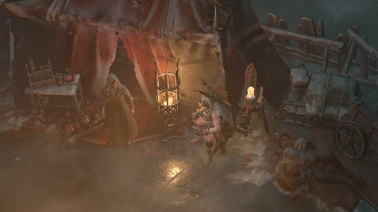 Diablo 4 quests: a villager sits in a dimly-lit marquee