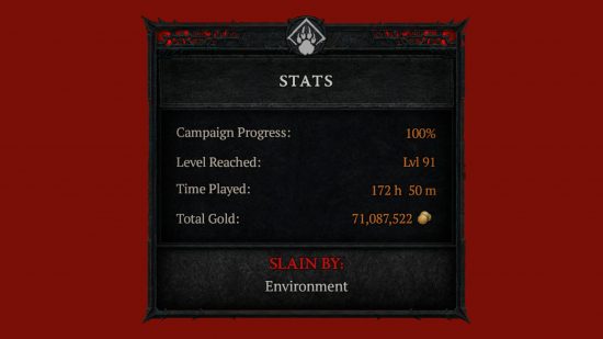 Diablo 4 - Estadísticas de Quin 69 sobre su druida perdido: 100 % de progreso en la campaña, nivel 91 alcanzado, 172 horas y 50 minutos jugados, 71 087 522 de oro ganado.  Asesinado por el medio ambiente.