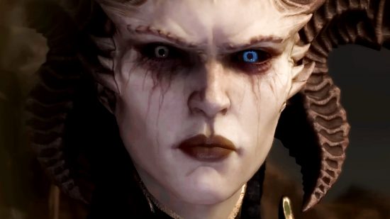 Diablo 4's rarest items have been found - Lilith, the demonic mother of Sanctuary, looking on in shock with her piercing blue eyes.