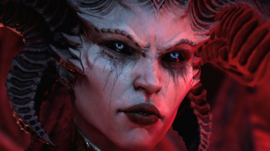 Blizzard confirms all Diablo 4's rarest items and how you get them: a pale woman with horns and blue eyes looks off into the middle distance