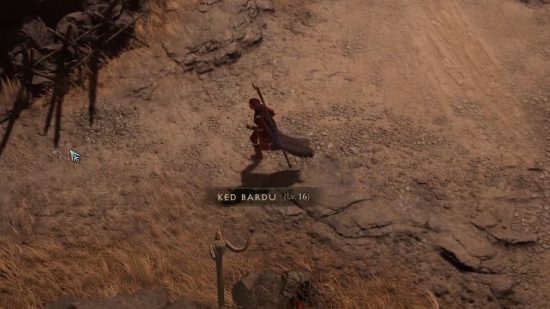 Diablo 4 scaling: A sorcerer runs through Ken Bardu, which is a level 16 area in the main campaign, shown in the text on screen.